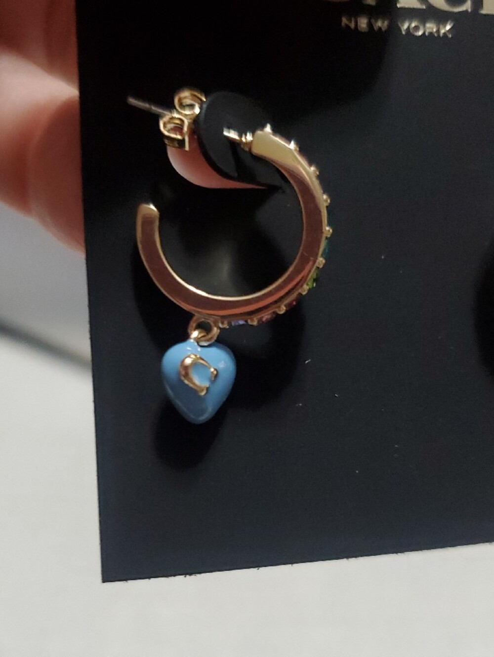 Coach Gold Hoop Earrings with Blue Heart Dangles and Multicolor Crystals - Picture 5 of 8